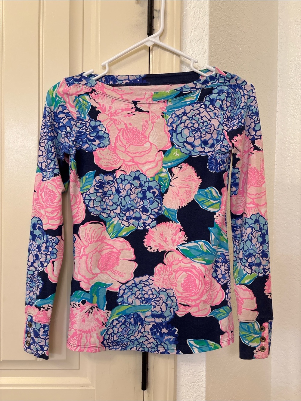 Lilly Pulitzer Aleah Top XXS High Tide Navy Hey Hey Bouquet Floral Long Sleeve